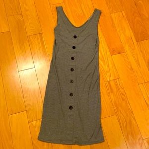 V Neck Ribbed Grey Cotton Button Down Midi Dress